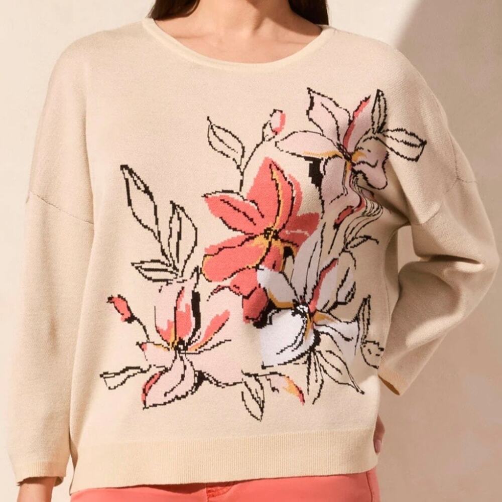 Tribal Cream Floral Crewneck Sweater with Pink Accents